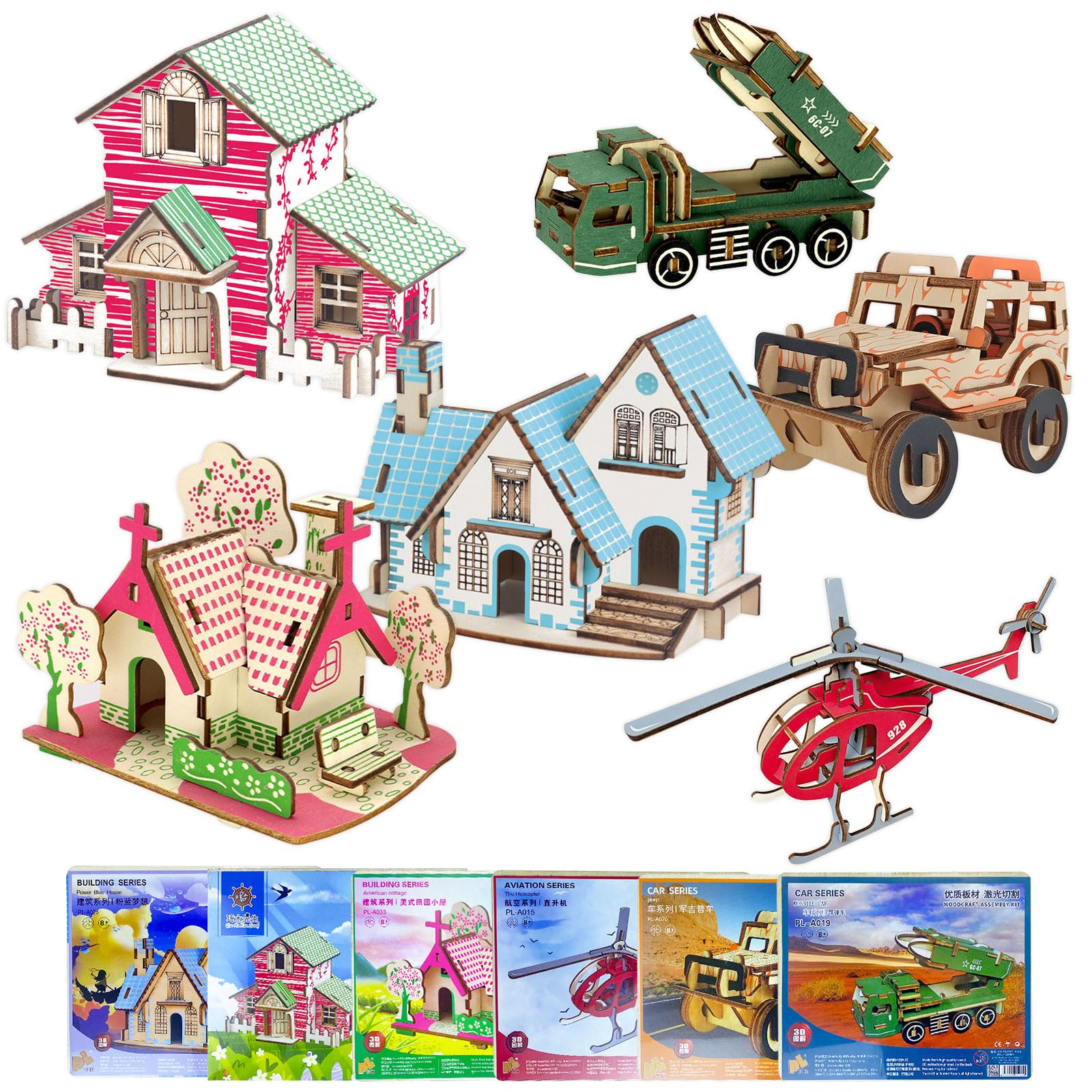 3D Wooden Puzzle, Adult Modeling, Wooden Buildings, 6 Pieces 3D Puzzle Model, Car Construction Kit for Children and Adults Model Building Kit for Creative Gift