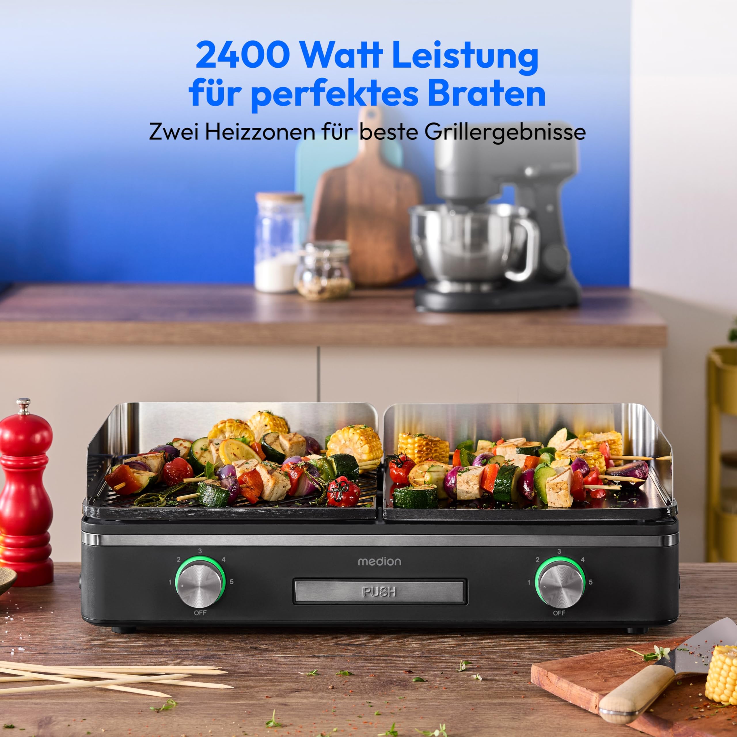 MEDION Tischgrill elektrisch mit Dual-Zonen-System (2400 Watt Elektrogrill, 2 abnehmbare Platten, individuelle Temperaturregelung, LED-Statusanzeige, IPX4-Schutz, MD12027) 2