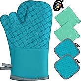 6 Pcs Oven Mitts and Pot Holders, 500℉ Heat Resistant Oven Mitts with Kitchen Towels Soft Cotton Lining and Non-Slip Silicone Surface Safe for Baking, Cooking, BBQ (Lake Blue)