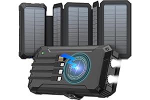 GOODaaa Solar Charger Power Bank, Portable Wireless Charger 36800mAh with Five Solar Panels Built-in Four Cable Five Outputs Outdoor Battery Pack for Cell Phone with Dual Flashlights, Carabiner