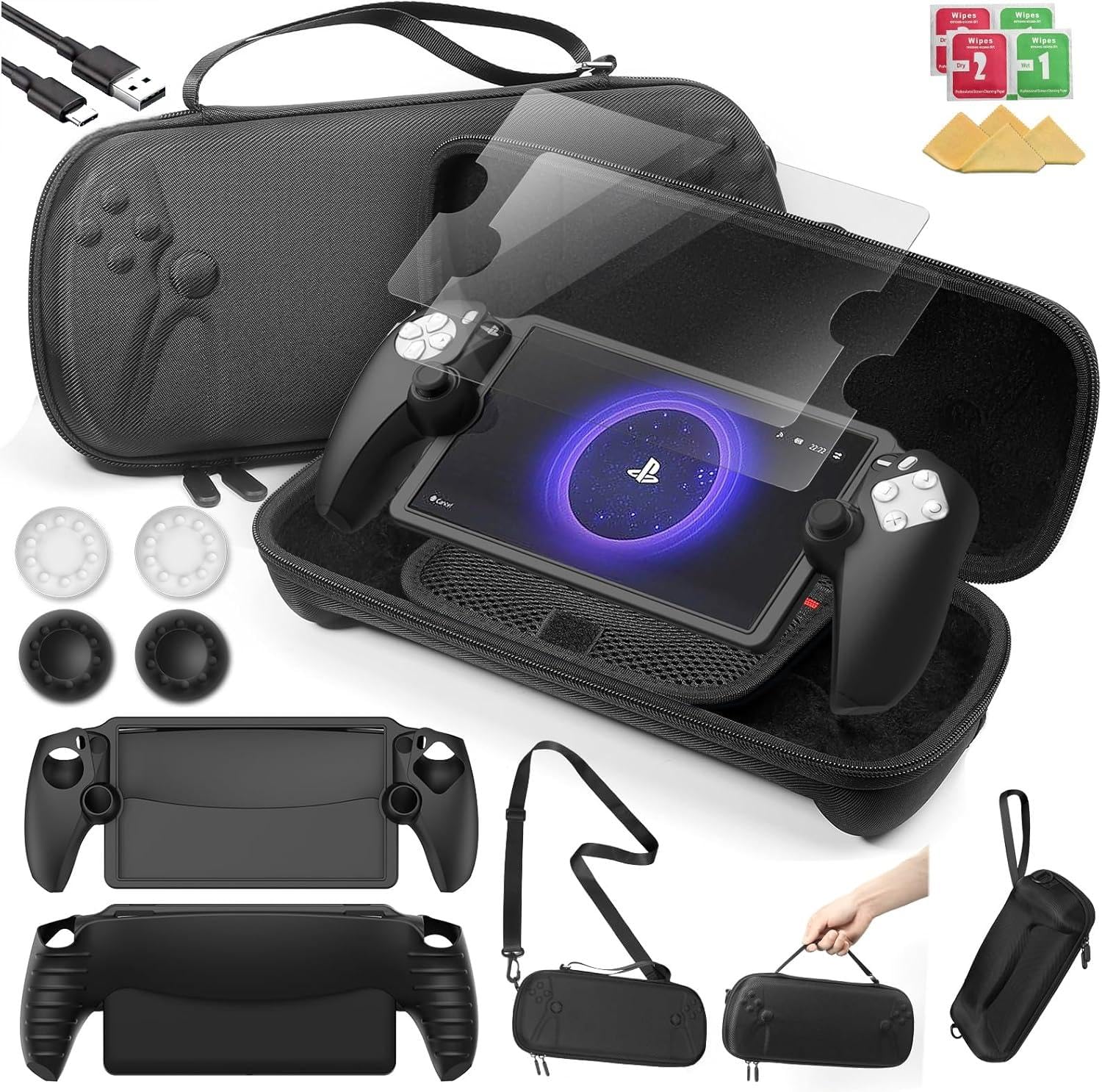 14 in 1 Carrying Case for PS5 Portal, Travel kits Accessoris Set Compatible with Playstation Portal(Crossbody bag), Soft Silicone Protective Cover, 2X 9H Shatterproof Tempered Glass Screen Protector, 4 Silicone Caps, Ps Portal Accessories