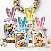 HUFAND Easter Glass Jars with Bunny Ear Ceramic Lids - 4 Pcs Candy Jar Set | Spring Party Supplies & Easter Home Decor | Food Storage Canister | Gift Idea
