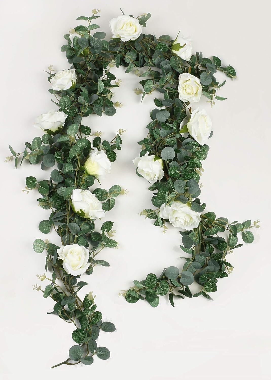 Famibay Artificial Eucalyptus Garland with Roses 1Pc 5.9Ft Greenery Garland Eucalyptus Leaves for Table Wedding Arch Backdrop Wall Decor