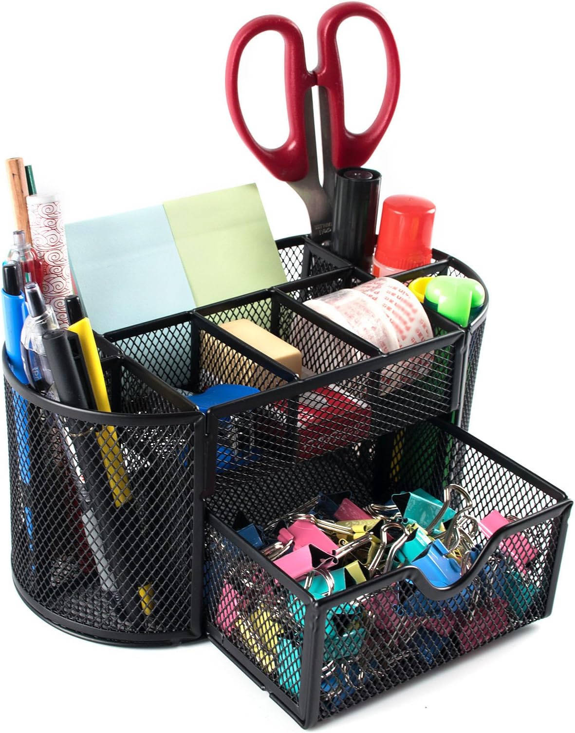 Toprema Black Desk Tidy Desktop Organiser Caddy Metal Wire Mesh 9 Compartments with Drawer Multi-Functional for School Office Supplies