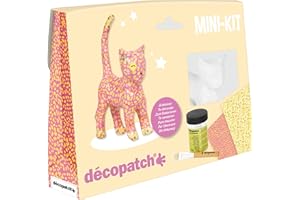 Décopatch - Ref KIT012O - Cat Mini Kit - Suitable for Children - Includes White Papier Mache Animal, 2 x Décopatch Sheets, Brush & Pot of PaperPatch Glue