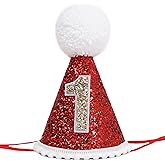 YOUAME Christmas First Birthday Party Hat - 1st Year Red Party Cone Hat, Merry First Year Baby Xmas Hat, Christmas Birthday Outfit, Little Santa Cake Smash Photo Props
