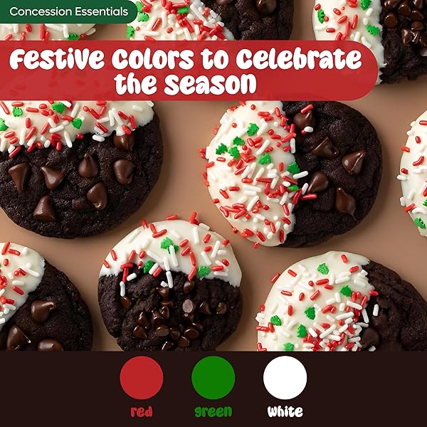 CONCESSION ESSENTIALS CHRISTMAS SPRINKLES, 1LB CONTAINER, RED, GREEN, WHITE COLORS