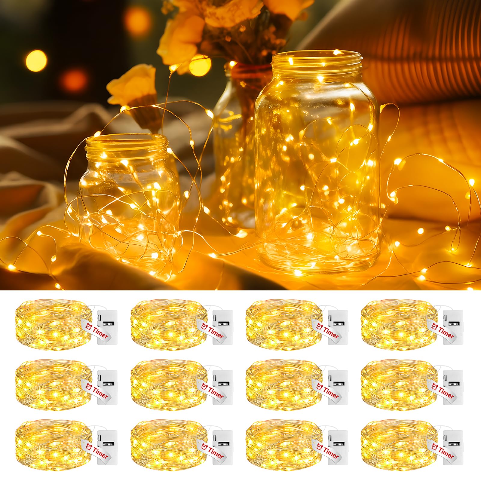 Photo 1 of litogo 8 Pack Yellow Fairy Lights Battery Operated with Timer, 20 LED 3 Modes Twinkle Light, 7ft Waterproof Silver Wire Mini Small Bulk Mason Jar String Light, Decor for Wedding Party Christmas
