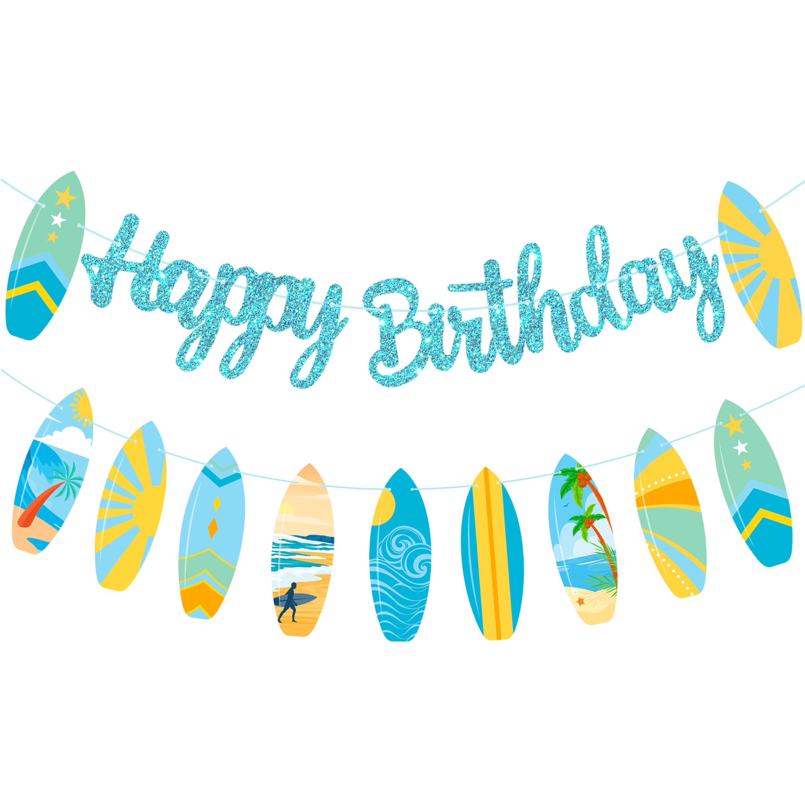 Photo 1 of 2pcs Summer Surfboard Happy Birthday Banners Summer Surfing Birthday Party Decorations Blue Glitter Surfing Birthday Banner Bunting Surfboard Banner for Tropical Hawaii Beach Surfing Supplies