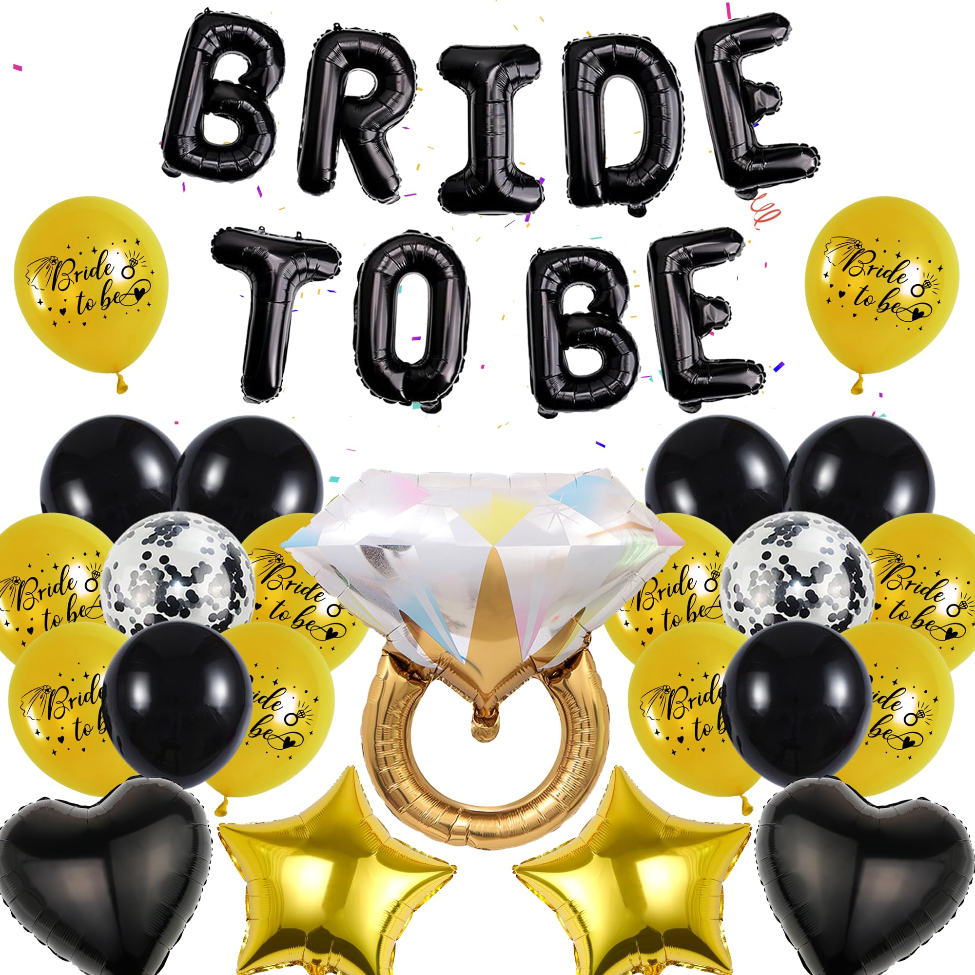 Hen Party Decoration Black Gold - Bride to Be Banner, Diamond Ring Balloon, Black Heart Gold Star Foil for Bridal Shower, Wedding, Bachelorette Party Decorations