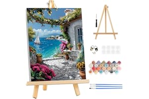 TOSTOG Ocean-View Flower House Framed Canvas Painting by Numbers Art Kit for Adults and Kids, Beginner Acrylic Painting Suppl