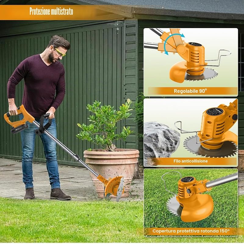 Decespugliatore a Batteria, Tagliabordi a Batteria 21V con 2 Batterie 2.0Ah, Altezza e Angolazione Regolabili, Decespugliatore Per il Taglio di Giardini, Prati e Terreni