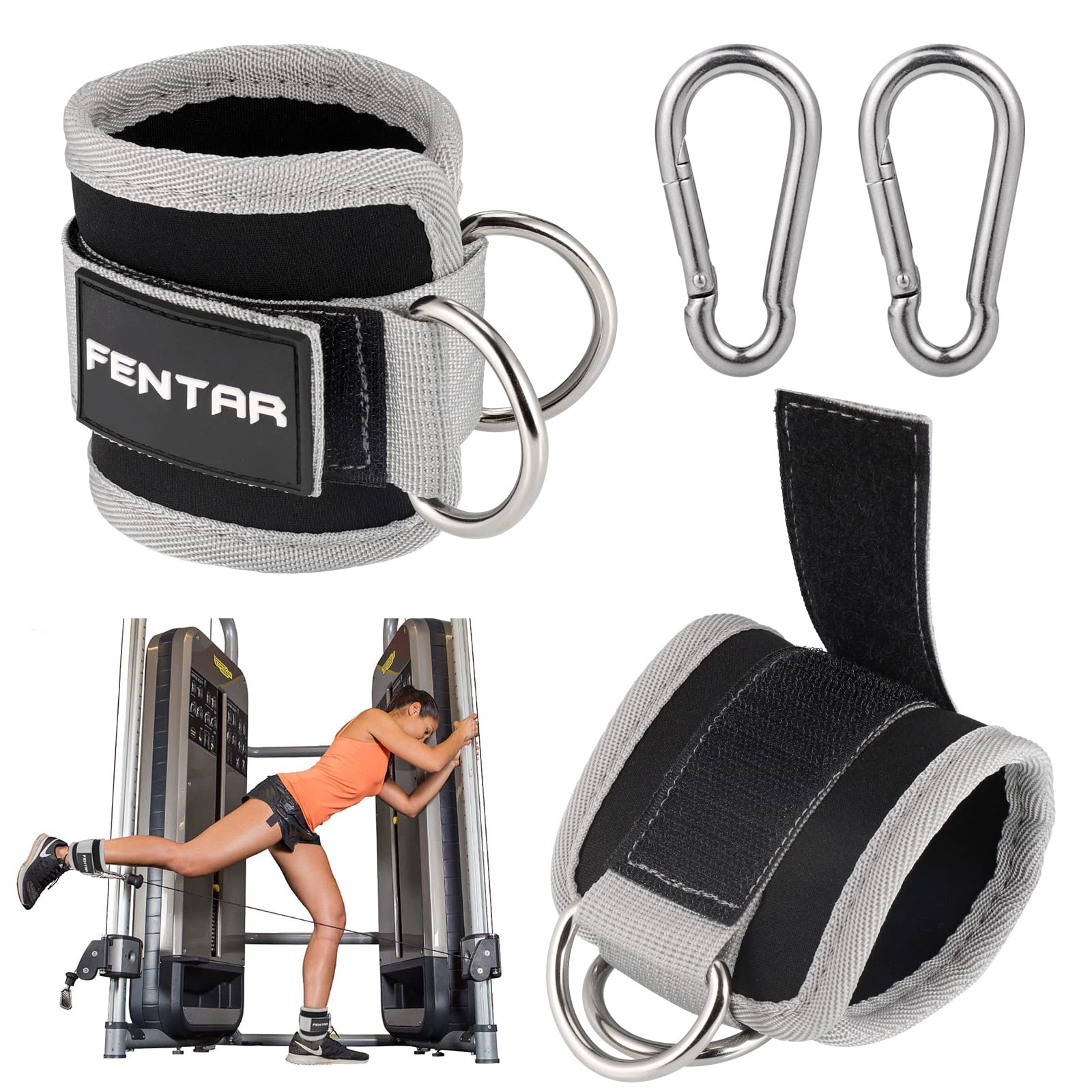 Fentar 2Pcs Adjustable Ankle Straps for Cable Machine, Comfortable Gym Ankle Strap, Double D-Ring Ankle Cuff Gym Straps, Fitness Leg Velcro Straps Exercise Attachment for Ankle Cuff (Gray) — image 1