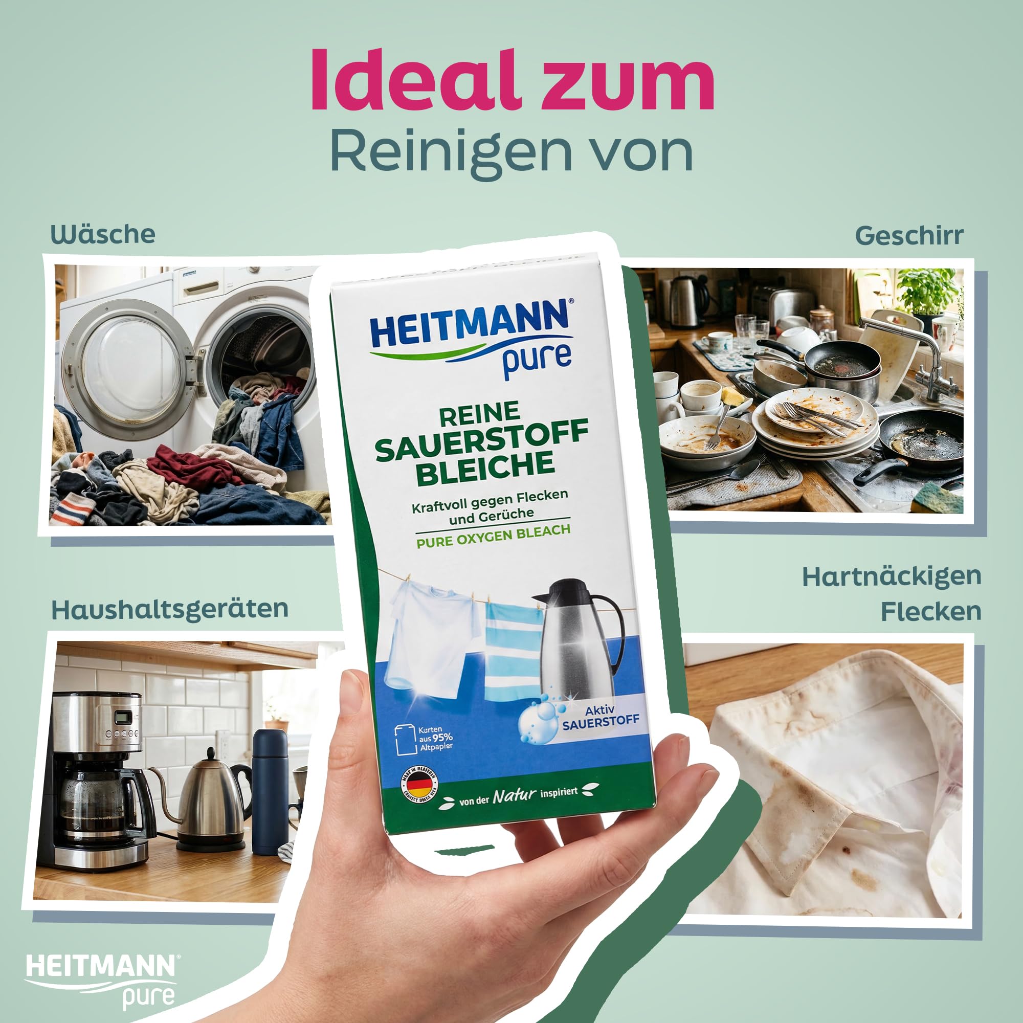HEITMANN pure Reine Sauerstoffbleiche 350 g | Ökologisches Bleichmittel aus Aktiv-Sauerstoff & Soda für Wäsche & Haushalt | Waschmittel Pulver gegen Flecken & Schmutz 3