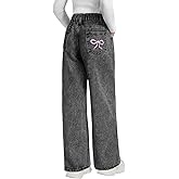 Fulihug Girls Wide Leg Jeans Baggy Bow Embroidery High Elastic Waist Denim Pants Cute Y2K Trendy Tween Streetwear 8-16Y