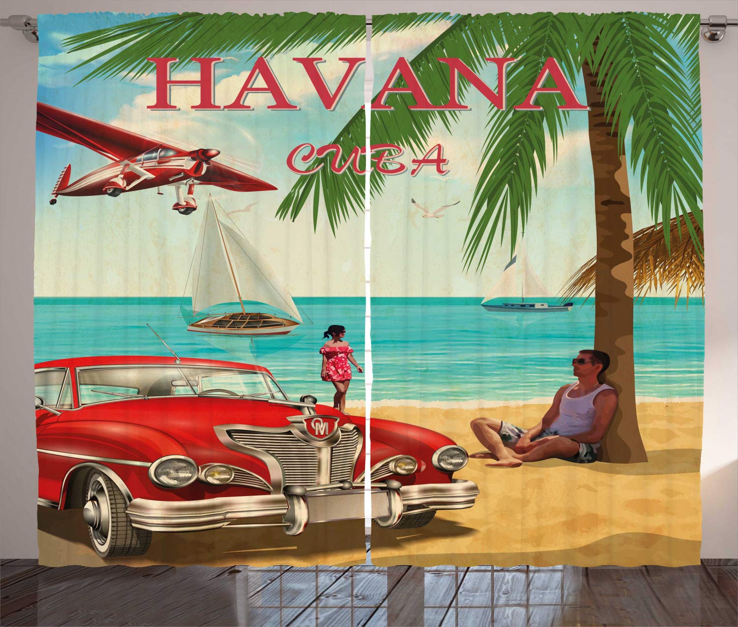 ABAKUHAUS Travel Curtains, Havana Cuba Themed Retro Poster Like Graphic with Vintage Car on Tropical Beach, Living Room Bedroom Window Drapes 2 Panel Set, 69 L X 110 W, Multicolor