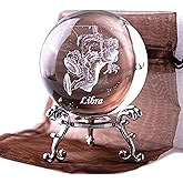 3D Laser Constellation Crystal Ball Crystal Paperweight Full Sphere Glass Fengshui with Sliver-Plated Flowering Stand(Libra)