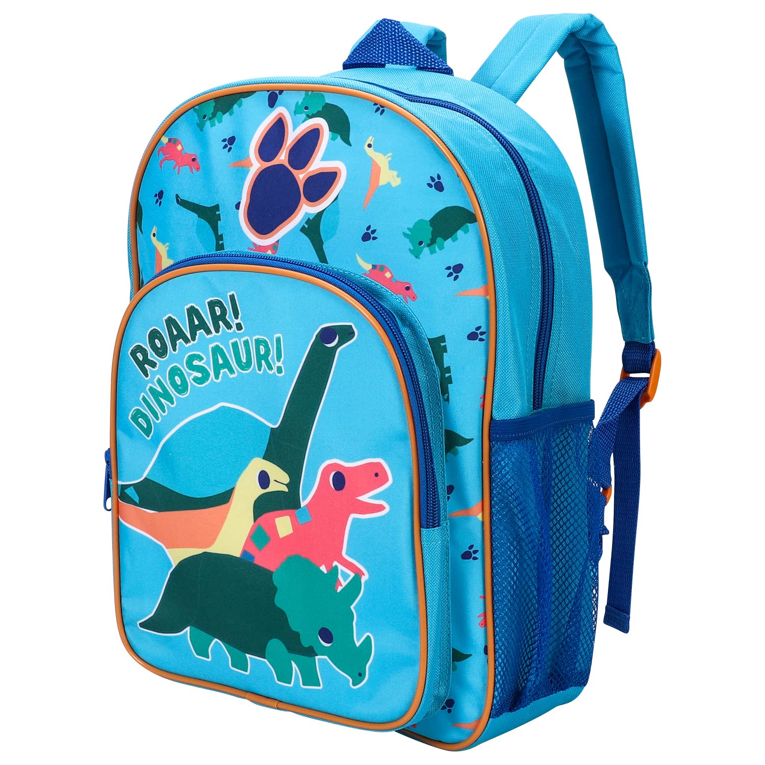 William Lamb Group Ltd Dinosaur Blue Kids Childrens Premium Backpack School Rucksack Travel Bag Boys Girls with Side Mesh Pocket and Front Zipped Pocket