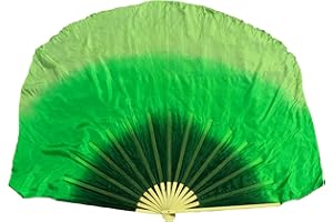 Winged Sirenny Large Single Belly Dance Silk Flutter, 45in Wide Short Silk Fan Veil Right Hand(Dark green-green-yellow green)