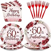 96Pcs Burgundy 60th Birthday Party Supplies Rose Gold Floral 60 and Fabulous Plates and Napkins Tableware Sets for Womens Burgundy Happy 60 Years Old Birthday Decorations Serves 24