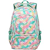 BLUEFAIRY Kids Backpack for Girls Elementary Middle School Bag Bookbag for Teens Teenager Back to School Gifts17 Inch Mochilas Escolares para Niñas Aged 8-10 Tie-dye Rainbow Daisy Flower Green