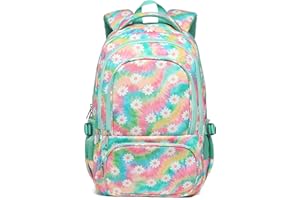 BLUEFAIRY Kids Backpack for Girls Elementary Middle School Bag Bookbag for Teens Teenager Back to School Gifts17 Inch Mochilas Escolares para Niñas Aged 8-10 Tie-dye Rainbow Daisy Flower Green
