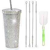 Mezchi 27 OZ Bling Diamond Tumbler, Glitter Tumbler with Straw and Lid, Sparkly Stainless Steel Thermal Drinking Water Cup, Rhinestone Water Bottle with 1 Pcs Brush & 4 Pcs Straw Brushes for Women
