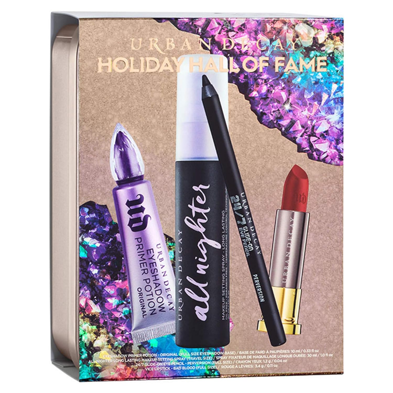 Urban Decay Stoned Vibes Hall of Fame Gift Set - Eyeshadow Primer Potion, 24/7 Glide-On Eye Pencil (Zero), Vice Lipstick (Bad Blood) & Travel-Size All Nighter Makeup Setting Spray
