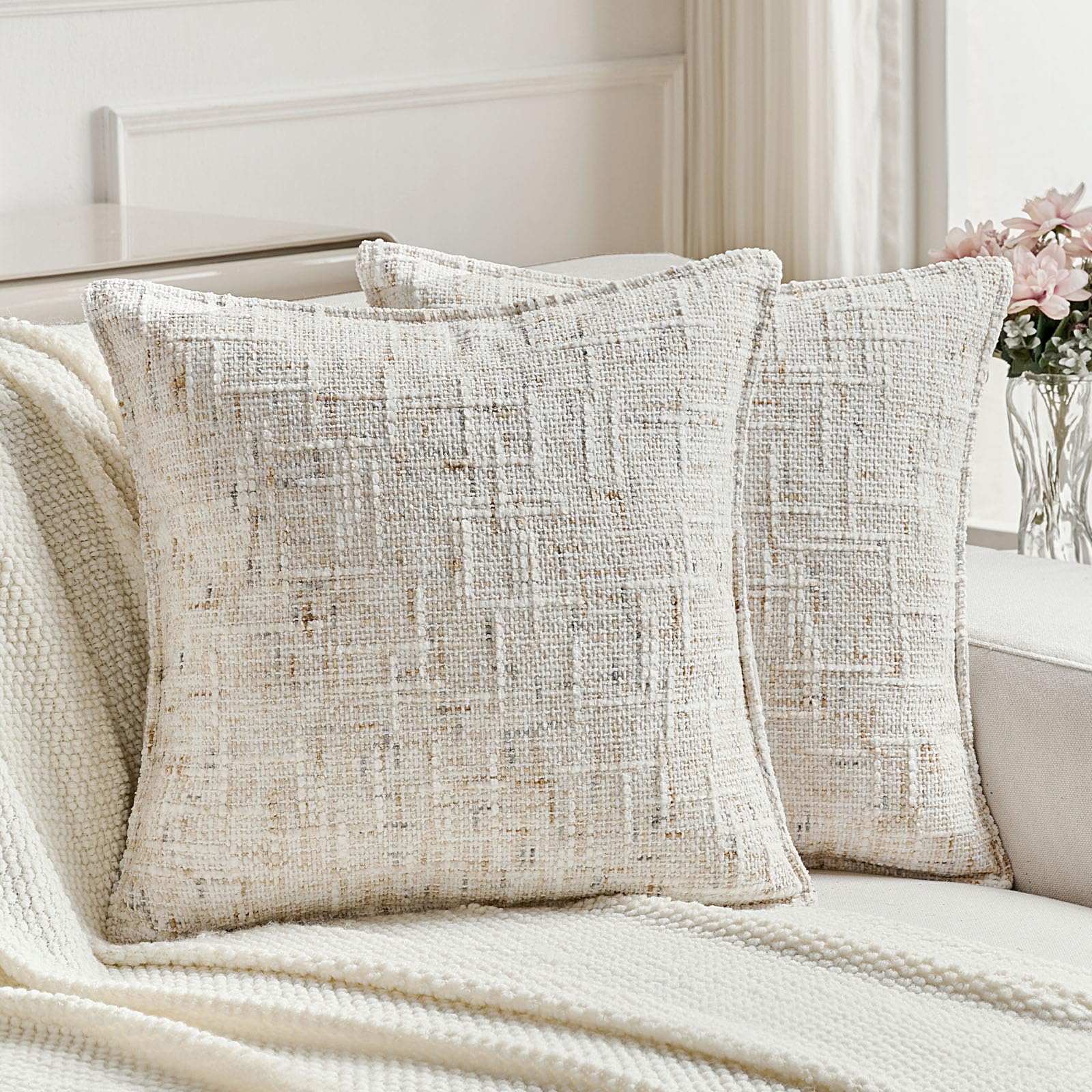 Photo 1 of FUTEI Cream Decorative Throw Pillow Covers 20x20 Inch Set of 2,Soft Chenille Tweed Textured Cushion Case,Modern Home Decor for Couch Bed Living Room