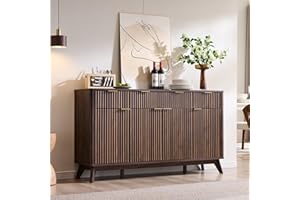 T4TREAM Fluted Buffet Sideboard Cabinet with Storages, 60" Large Modern Buffet Table Coffee Bar Wine Bar Storage Cabinet with 3 Drawers & 4 Doors for Dining Room, Living Room, Hallway(Dark Walnut)
