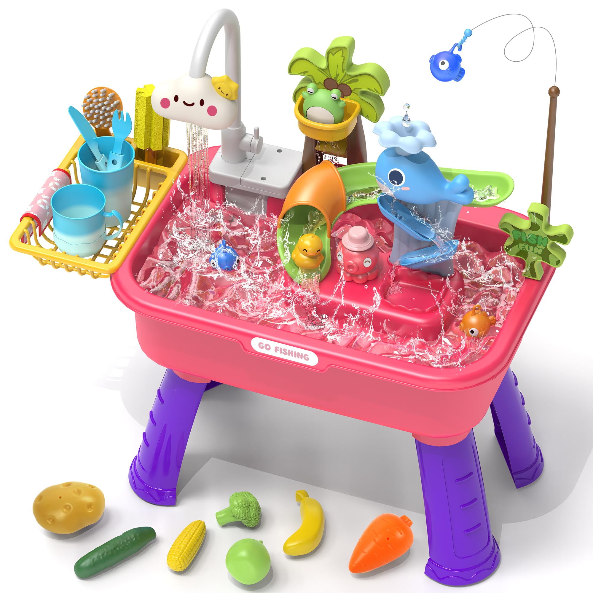 Kitchen Play Sink Toys with Running Water for Kid,4-in-1 Electric Dishwasher Playing Toy with Animals, Food, Tableware Accessories,Color Changing Pretend Role Birthday Toy for Boy and Girl (Purple)
