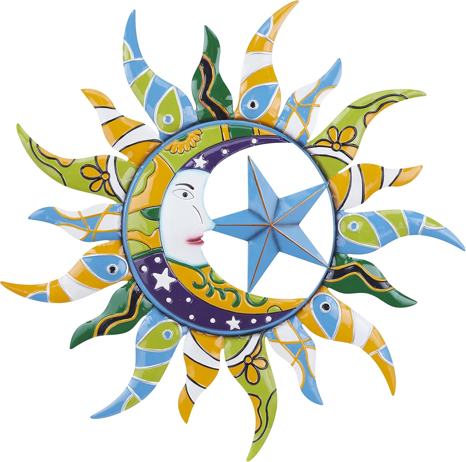 Plaques & Wall Art - Deco 79 Metal Sun and Moon Indoor Outdoor Wall Decor with Abstract Patterns, 36