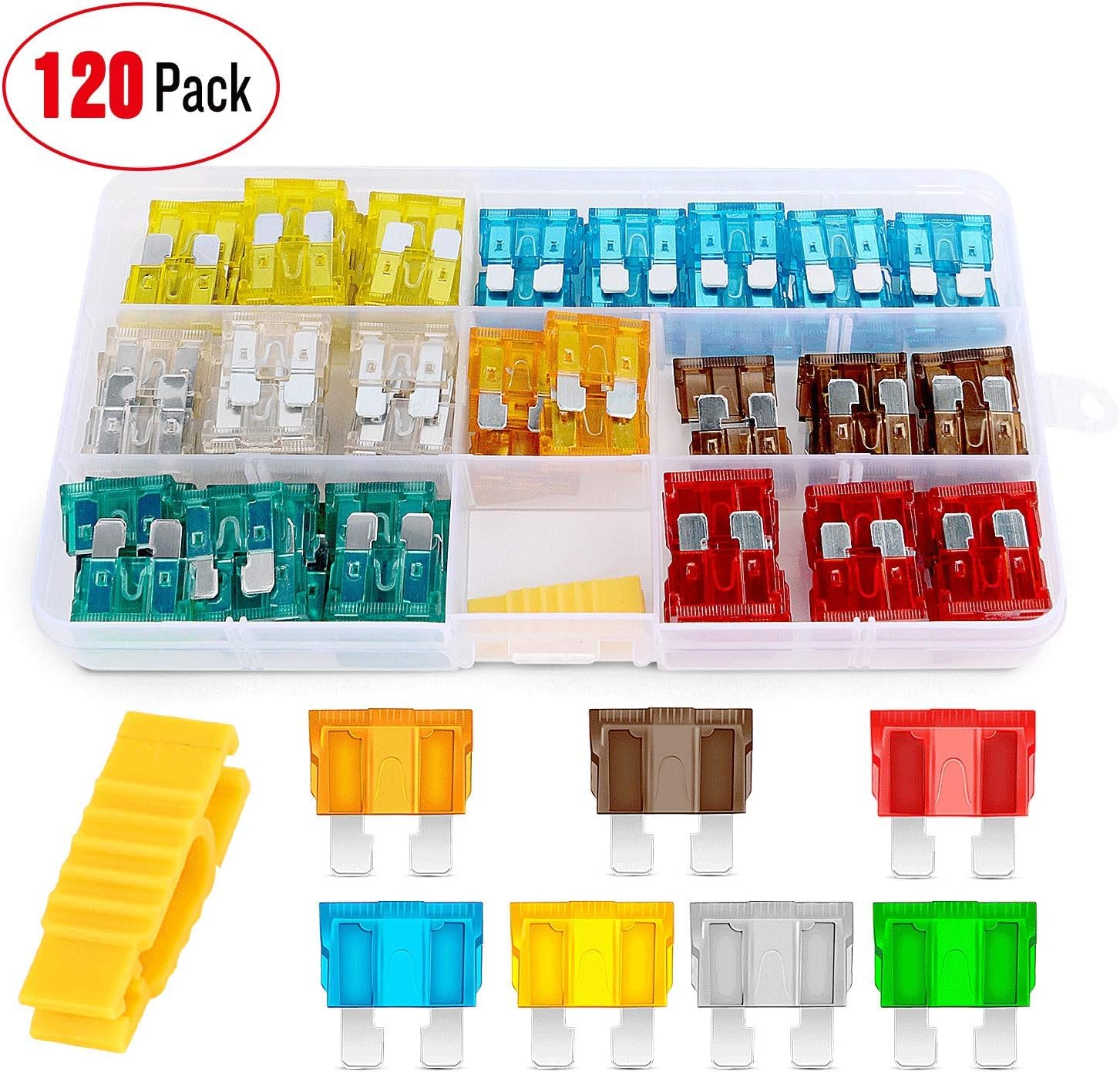Nilight - 50029R 120 Pcs Standard Blade Fuse 5A/7.5A/10A/15A/20A/25A/30A AMP Assorted Set with 10 Pack 14AWG ATC/ATO Inline Fuse Holder, 2 Years Warranty: Automotive