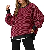 Fisoew Women's Oversized Sweatshirt Waffle Knit Striped Long Sleeve Crewneck Casual Loose Pullover Tunic Tops Red