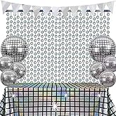 12PCS Disco Party Decorations Supplies Sequin Backdrop Disco Ball Women Men 60s 70s Birthday Party Decorations Tablecloth 2PCS Silver Foil Fringe Curtains and Banner