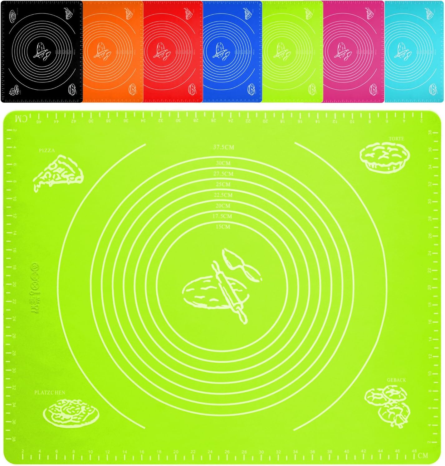 Belmalia Large Dough Mat, Silicone Rolling Mat, Heat Resistant, Baking Mat for Pizza, Fondant, Baking, Kitchen 50x40cm Green Lime