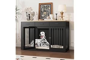 PIAOMTIEE 55.3" Extra Large Dog Crate Furniture, Indoor Heavy Duty Dog Kennel House with 3 Drawers, Modern Furniture Dog Crate Side End Table TV Stand for XL Large Medium Breed Dogs, Black