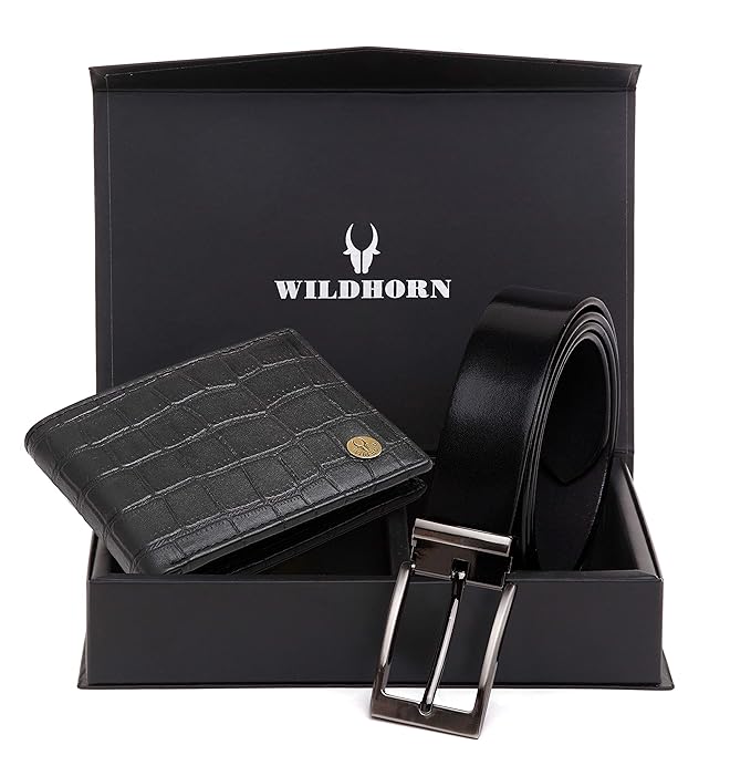 Buy WILDHORN Draco Leather Wallet and Belt Combo for Men (Black) at