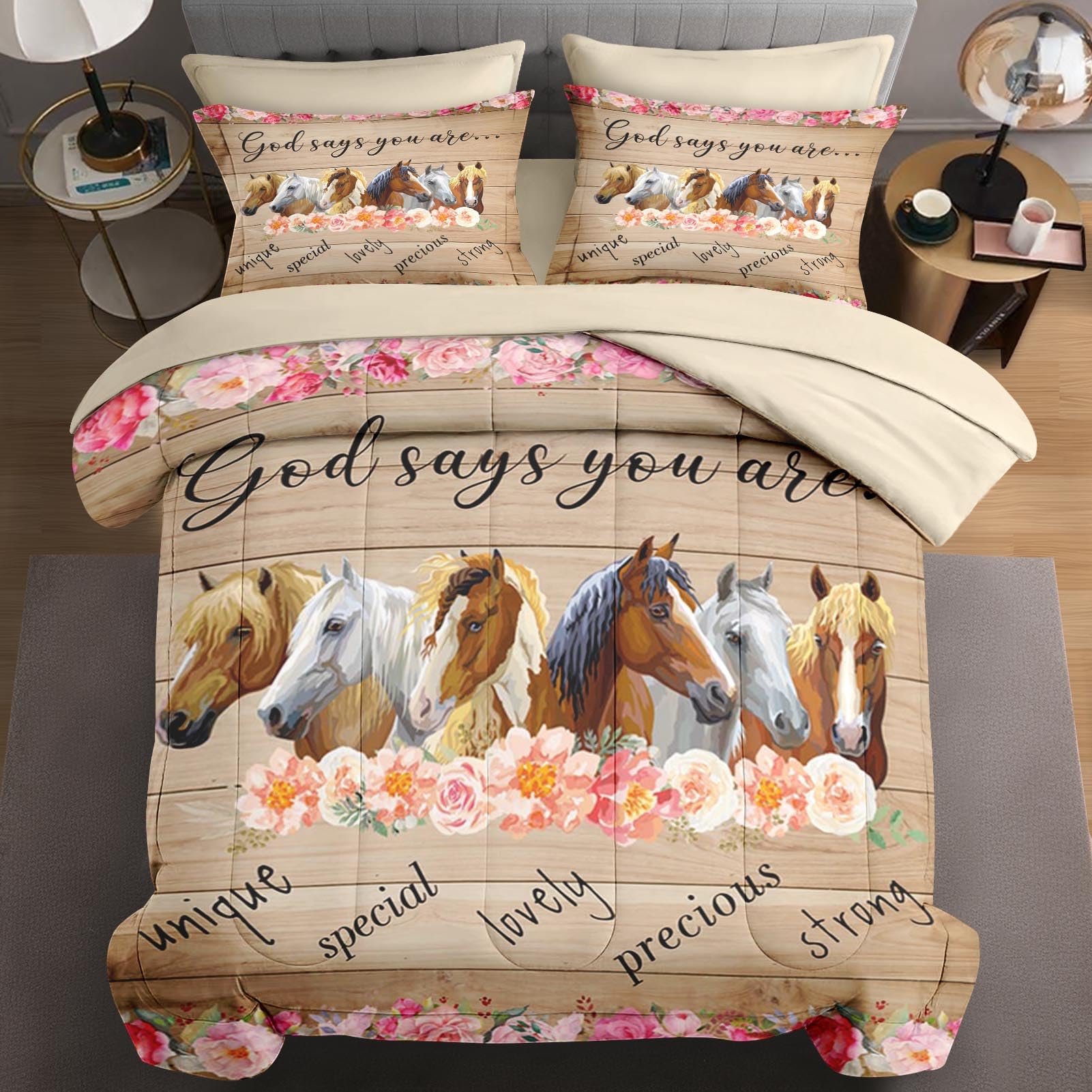 Photo 1 of WeCozy 5 Pcs Twin Size Comforter Set with Pillowcase & Sham, Horses Animal Flower Bedding for Kids and Adults, Inspirational Thoughts Bed in a Bag with Flat Fitted Sheet