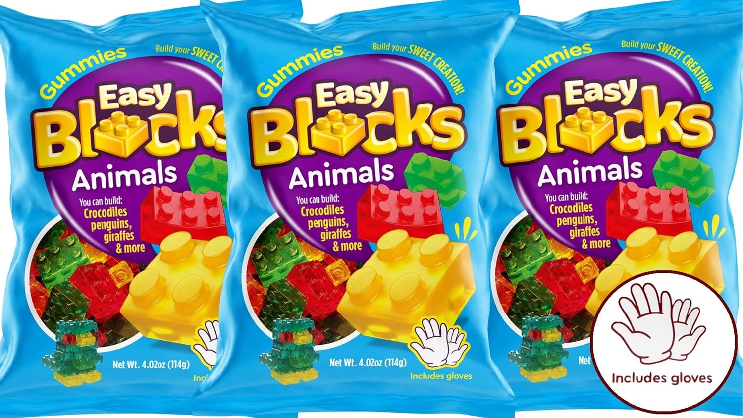 Gummy Blocks Candy (3 Packs Animal Style) Includes Gloves