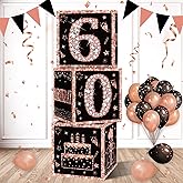 Eiurteao 3pcs 60th Birthday Decorations Boxes for Women, Rose Gold Happy 60 Birthday Balloons Boxes Party Supplies, Sixty Bday Theme Cardboard Box Decor