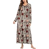 Ekouaer Women's Long Sleeve Nightgown Full Length Sleepwear Long Sleepshirts Henley Sleep Dress S-4XL