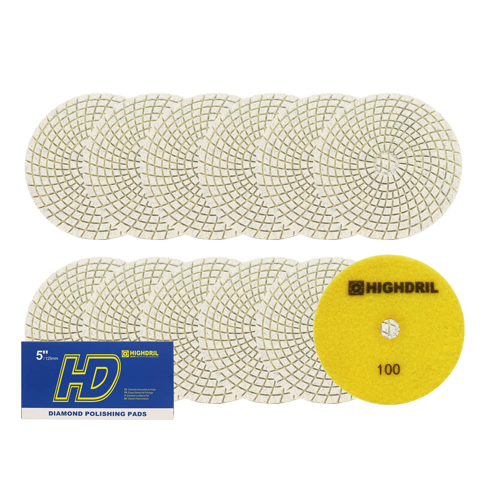 Wet Diamond Polishing Pads,HIGHDRIL 12pcs 125MM #100,for Granite Marble Sanding used on Grinder or Polisher
