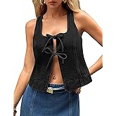 POTILI Womens Denim Vest Sleeveless Square Neck Jean Vest for Women Tie Up Front Denim Top