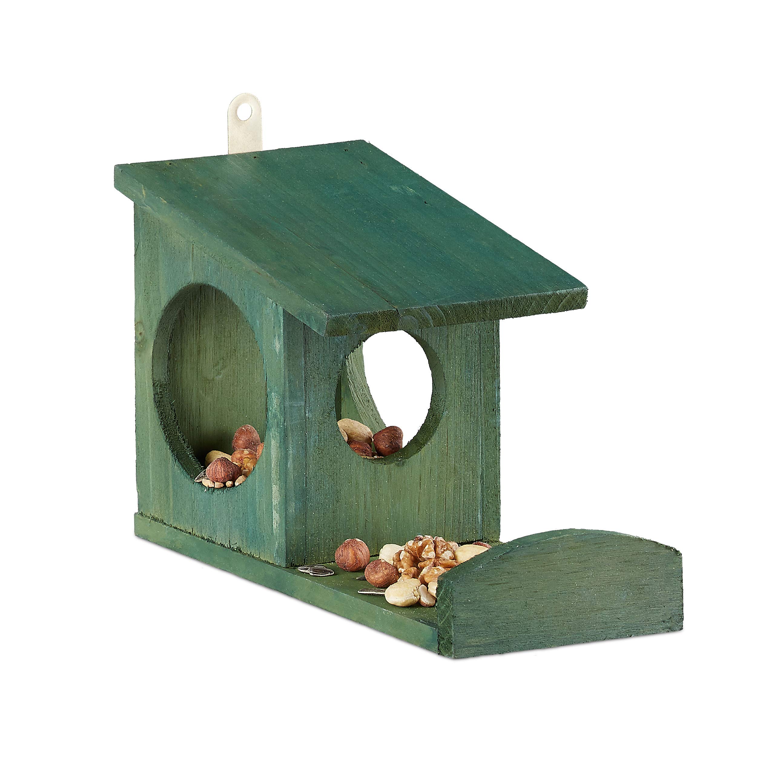 Relaxdays Squirrel Feeder House, Feeding Station Box, Hanging, Wooden, HWD: 17.5 x 14 x 25 cm, Dark Green, Wood, 17.5x12x25 cm