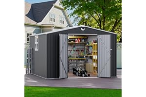 Benass 10x12 FT Outdoor Storage Shed, Metal Garden Shed - Tool Storage Sheds with Lockable Doors & 1 Clear Window, Waterproof Outside Storage Building for Backyard, Patio (Black; Floor Not Included)
