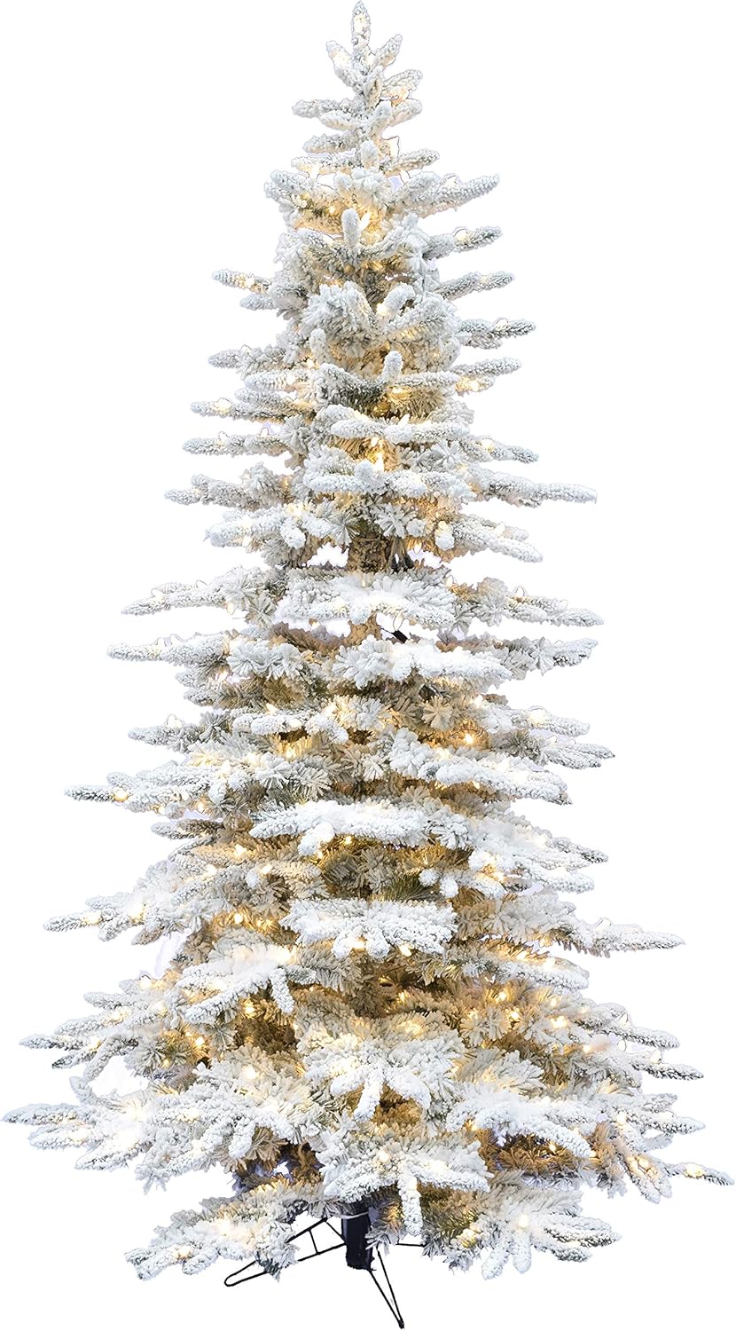 Trees - Fraser Hill Farm 9-Ft. Pre-Lit Mountain Pine Snow Flocked Artificial Christmas Tree with Stand, Tall & Foldable Heavily Flocked Christmas Tree with Realistic Foliage & Warm White LED Lights