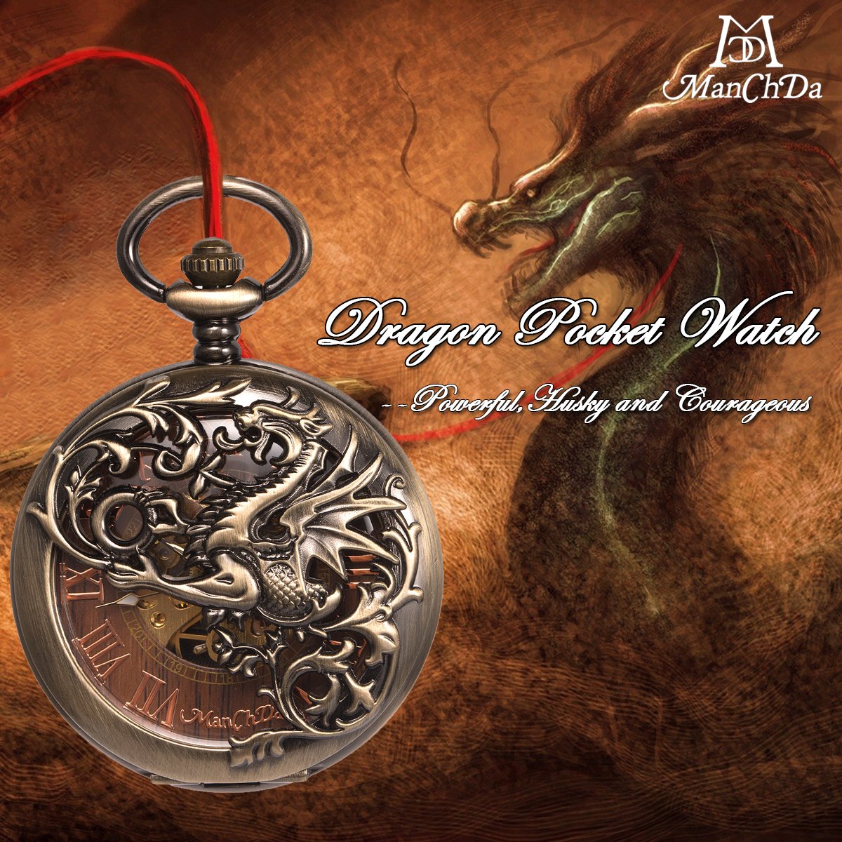 ManChDa Mens Skeleton Mechanical Pocket Watch Bronze Dragon Hollow Double Hunter Roman Numerals Dial with Chain and Gift Box