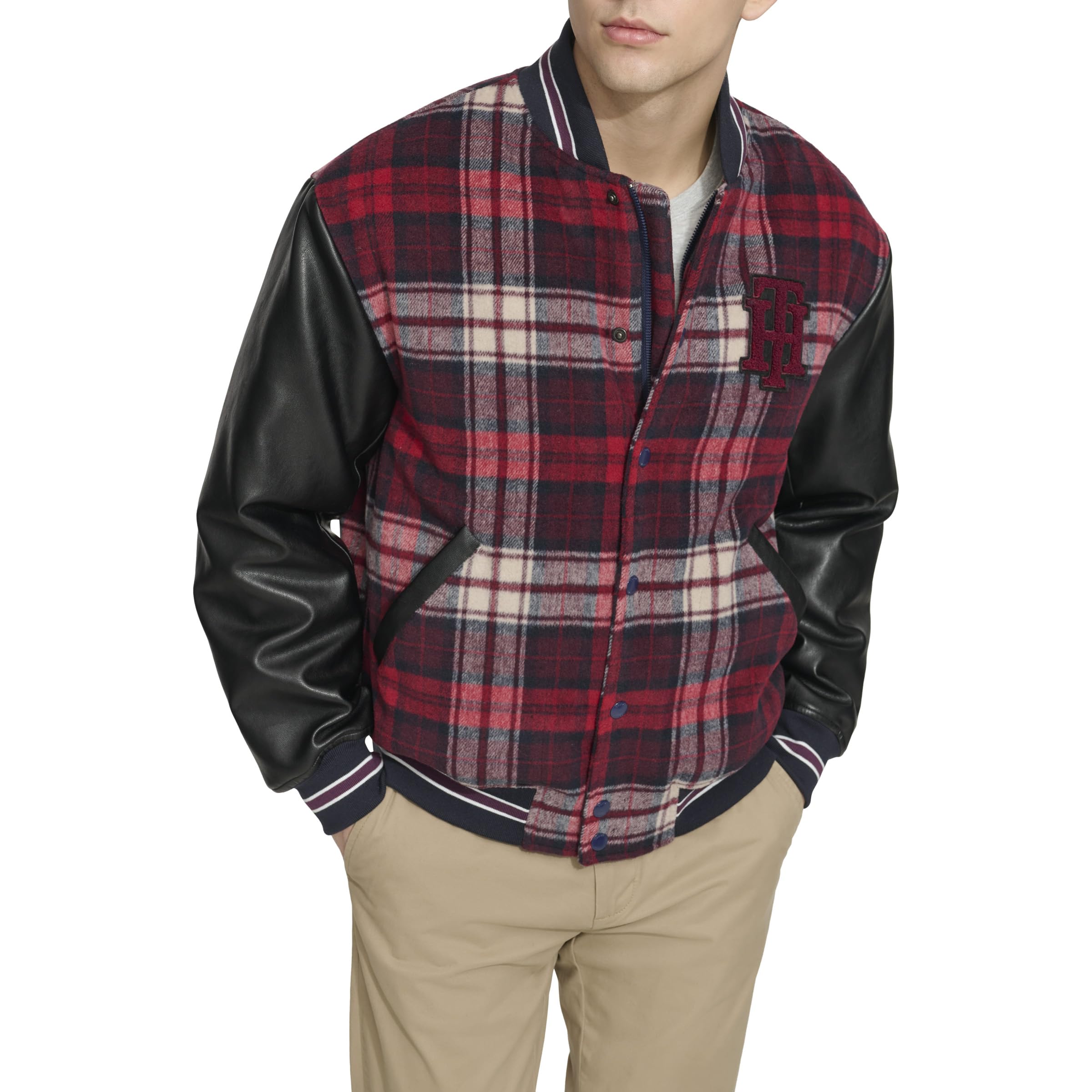 Tommy Hilfiger Men's Mixed-Media Bomber Jacket, Red
