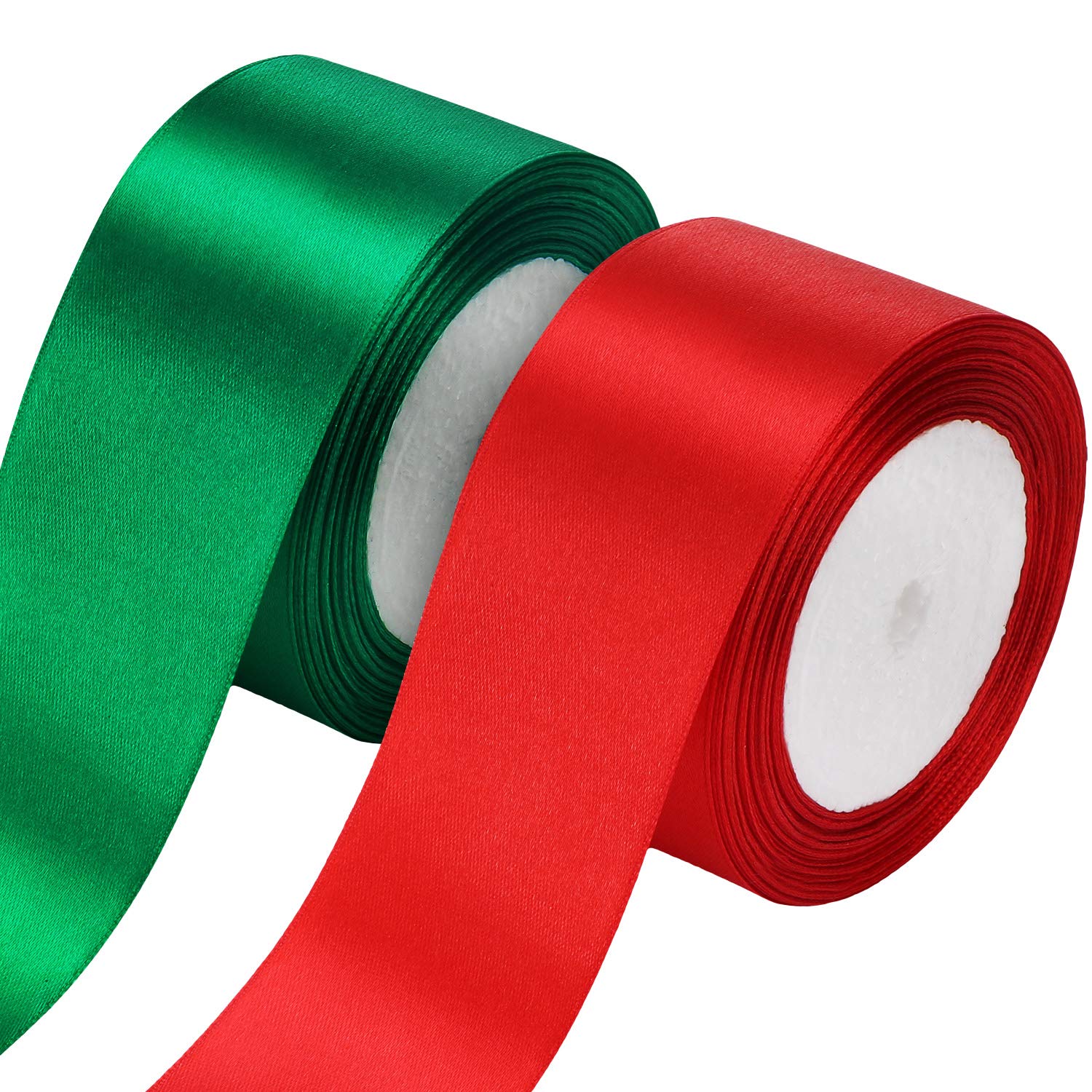 Boao 2 Rolls Christmas Satin Ribbon Double Face Polyester Satin Ribbon Wide Solid Satin Ribbon for Christmas Wedding Gift Wrapping Crafts Decoration Favors (Red, Green, 2 Inch)